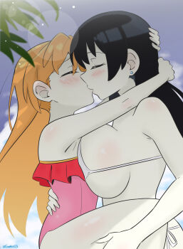 2girls absurdres age_difference arato_nagi bikini black_hair blonde_hair blue_sky blush breasts closed_eyes cloud day earrings garethue8 height_difference highres hug jewelry kiss large_breasts leaf lens_flare long_hair multiple_girls one-piece_swimsuit outdoors ruri_no_houseki sky sunlight swimsuit tanigawa_ruri yuri