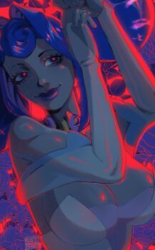 1girl android bare_shoulders blackberreh-art blue_hair breasts bridal_gauntlets cleavage colored_skin commentary double_bun english_commentary eyelashes grey_skin hair_bun hair_intakes highres knights_of_guinevere large_breasts lips princess princess_guinevere red_light red_pupils sideboob smile solo