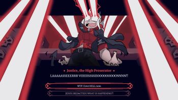 1girl abs blouse collared_shirt demon_girl demon_kogure english_text eye_beam fake_screenshot female_focus hell helltaker highres justice_(helltaker) lanxcer official_style red_shirt shirt solo what