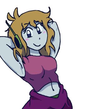 1girl armpits arms_behind_head blonde_hair blue_eyes breasts curly_brace doukutsu_monogatari highres large_breasts long_hair looking_at_viewer midriff navel panties shirt sleeveless sleeveless_shirt smile solo underwear