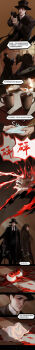 1girl 3boys absurdres aiming beard black_coat black_hair black_headwear black_neckwear black_robe blood blood_string brown_eyes cauldron chinese_text closed_eyes coat coffee_mug covered_mouth covering_own_mouth cup dunn_smith eldritch_abomination facial_hair firing floor grey_hair gun hand_up handgun handkerchief hat highres klein_moretti long_image looking_at_another looking_down lord_of_the_mysteries mug multiple_boys mustache nakkiel necktie old_neil open_mouth pendulum remembering revolver robe royale_reideen shelf shirt smoke steam table tall_image top_hat translation_request weapon