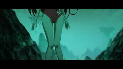 1girl :t air_bubble animated ass attack blood breasts bubble covered_navel death dragon_raja highres long_hair nono_(dragon_raja_(jiang_nan)) one-piece_swimsuit red_eyes red_hair stab submerged swimming swimsuit tagme underwater video