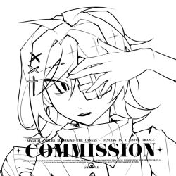 Rule 34 | 1girl, bad bcy id, bad id, buttons, commission, cross hair ornament, dushou qianqiu zhishangchen, eyepatch, fang, gloves, hair ornament, hairclip, hand on own face, jacket, lineart, looking at viewer, medical eyepatch, open mouth, original, sample watermark, scarf, short sleeves, simple background, solo, striped clothes, striped scarf, teeth, upper body, upper teeth only, vertical-striped clothes, vertical-striped scarf, watermark, white background, x hair ornament