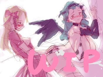 2futa animal_print bikini blush breasts chaos_aurora_(grimms_notes) chaos_marie_(grimms_notes) cow_print cow_print_bikini detached_sleeves futa_with_futa futanari grimms_notes highres huge_breasts medium_breasts medium_penis multiple_futa multiple_girls onokanata parted_lips penis print_bikini sex sketch source_request standing standing_sex swimsuit unfinished yuri