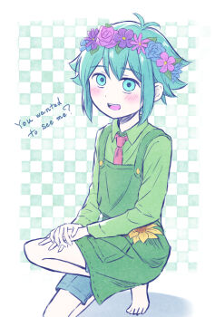Rule 34 | 1boy, alternate costume, antenna hair, apron, barefoot, basil (headspace) (omori), basil (omori), blue overalls, blush, collared shirt, colored skin, commentary, double-parted bangs, english text, flower, flower wreath, green apron, green eyes, green hair, green shirt, hair between eyes, head wreath, highres, long sleeves, looking at viewer, male focus, omori, open mouth, overall shorts, overalls, segue5o, shirt, short hair, sidelocks, smile, solo, sunflower, teeth, tongue, untranslatable commentary, upper teeth only, white skin