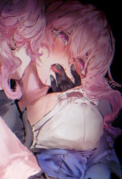 2girls black_background blue_jacket blush breasts close-up cum cum_on_body drooling dual_persona evernight_(honkai:_star_rail) finger_to_mouth gloves hair_between_eyes hashtag-only_commentary honkai:_star_rail honkai_(series) jacket large_breasts long_hair march_7th_(honkai:_star_rail) march_7th_(preservation)_(honkai:_star_rail) multicolored_eyes multiple_girls nyeppu partially_unbuttoned pink_hair shirt two-tone_eyes white_shirt yuri