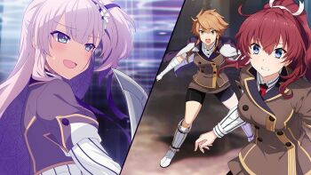 3girls bandaged_arm bandages black_shorts blue_eyes boots braid breasts brown_jacket brown_skirt buttons collared_shirt double-breasted furrowed_brow game_cg hair_between_eyes jacket jacket_on_shoulders katana knee_boots konohana_suzuka long_hair long_sleeves looking_at_viewer medium_breasts medium_hair multiple_girls necktie non-web_source one_side_up open_mouth orange_eyes orange_hair origami_family's_elite_guard_uniform pink_hair ponytail red_hair red_necktie shidou_maki_(toji_no_miko) shirt short_hair shorts sidelocks skirt split_screen standing striped_clothes striped_shirt sweat sword toji_no_miko toji_no_miko:_kizamishi_issen_no_tomoshibi tsubakuro_yume weapon white_boots white_jacket white_shirt