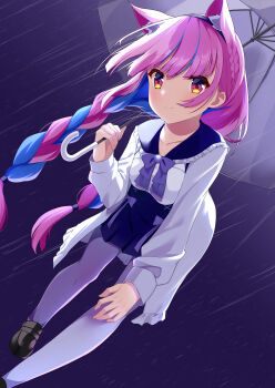 Rule 34 | 1girl, absurdres, ahoge, anchor symbol, animal ears, blue hairband, blue sailor collar, blush, bow, braid, breasts, cat ears, colored inner hair, frilled sailor collar, frills, hairband, high-waist skirt, highres, holding, holding umbrella, hololive, jacket, long sleeves, looking at viewer, minato aqua, minato aqua (sailor), multicolored hair, official alternate costume, pantyhose, pink hair, rain, sailor collar, school uniform, simple background, skirt, smile, soles, solo, twin braids, two-tone hair, umbrella, unripe, virtual youtuber, white pantyhose