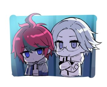 2boys ahoge aotsuki_eito black_hair blue_background blue_eyes border crossed_arms eyebrows eyelashes looking_at_viewer male_focus messy_hair multicolored_hair multiple_boys parted_hair red_hair sumino_takumi the_hundred_line_-last_defense_academy- white_border white_hair