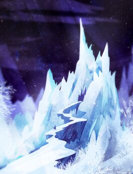 bare_tree ice landscape limited_palette night no_humans original outdoors painterly path road scenery sky star_(sky) starry_sky tree white_tree zandra