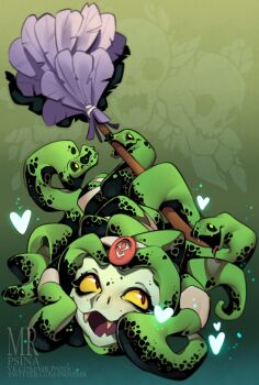 1girl colored_sclera colored_skin dusa_(hades) duster fangs feather_duster green_background green_skin hades_(series) hades_1 head_only heart highres mr.psina no_eyebrows pale_skin red_eyes snake_hair yellow_sclera