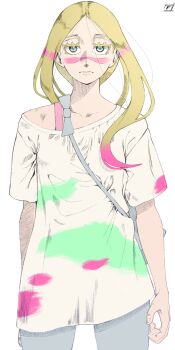 artist_logo blonde_hair blue_eyes collarbone cowboy_shot highres logo looking_at_viewer loose_clothes loose_shirt mantis-f mina_(pokemon) nintendo paint_splatter paint_splatter_on_face pokemon pokemon_sm shirt simple_background solo white_background white_shirt