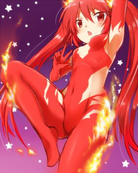 1girl arm_up armpits breasts commentary_request covered_navel cthugha_(nyaruko-san) fighting_stance fire groin haiyore!_nyaruko-san hand_up knee_up long_hair no_shoes open_mouth purple_background pyrokinesis red_eyes red_hair sidelocks simple_background small_breasts solo star_(symbol) straight_hair triangle_mouth twintails very_long_hair w yuto_(dialique)