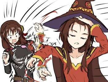 Rule 34 | 2girls, adjusting hair, black hair, blush, bow, braid, breasts, brown hair, commentary, crown braid, hair bow, hair slicked back, hand in own hair, hand on own head, hat, highres, kono subarashii sekai ni shukufuku wo!, large breasts, long hair, megumin, meme, multiple girls, naoya hitting choso without looking (meme), necktie, open mouth, parody, pink necktie, red prison magic school uniform, scene reference, school uniform, shizaa nyaana, short hair with long locks, slapping breasts, smear frame, witch hat, yunyun (konosuba)