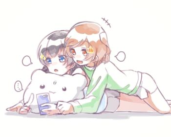 Rule 34 | +++, ..., 2girls, :d, :o, aijou karen, animal-shaped pillow, arm rest, bare shoulders, black hair, blank speech bubble, blue eyes, blue shirt, brown hair, clenched hand, commentary request, double-parted bangs, feet out of frame, front-to-back, green shirt, grey shorts, hands up, head rest, highres, hirake goma, holding, holding phone, index finger raised, invisible floor, kagura hikari, long sleeves, looking at object, looking down, lying, lying on person, mr. white (revue starlight), multiple girls, on stomach, one side up, open mouth, parted bangs, phone, red eyes, sentient stuffed toy, shadow, shirt, short hair, shorts, shoujo kageki revue starlight, side slit, side slit shorts, simple background, sleeveless, sleeveless shirt, smile, sparkle hair ornament, speech bubble, spoken ellipsis, stuffed animal, stuffed toy, teddy bear, white background, white shorts