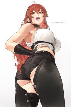 1girl ahoge armpits artist_name ass bare_shoulders black_hairband breasts chaps commentary crop_top duplicate eris_greyrat from_behind hairband hand_on_own_hip highres large_breasts long_hair looking_at_viewer looking_back midriff mushoku_tensei open_mouth red_eyes red_hair short_shorts shorts simple_background sleeveless solo sweat tonko_from twitter_username underbutt very_long_hair white_background wrist_wrap