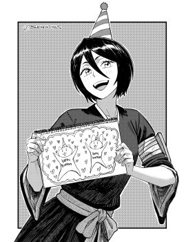 1girl bleach chappy commentary greyscale hair_between_eyes happy_birthday hat hatching_(texture) highres holding holding_sketchbook instagram_username japanese_clothes kuchiki_rukia monochrome party_hat seveninks shihakusho short_hair sketchbook solo upper_body wide_sleeves