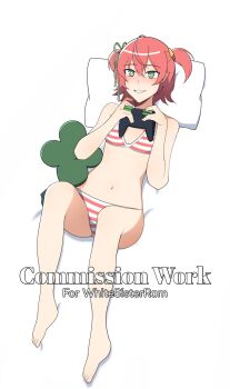 1girl belly bra breasts clover commission commissioner_name controller flat_chest fuyo_cloverfield green_eyes highres chromashift navel panties pillow pink_hair pointy_ears shirt small_breasts striped_bra striped_clothes striped_panties thighs underwear virtual_youtuber