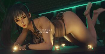 3d all_fours ass barefoot candlelight commentary english_commentary eve_(stellar_blade) feet highres leonyash3d lipgloss makeup panties soles stellar_blade underwear