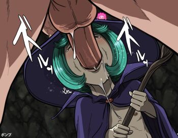 1boy 2girls artist_name berserk blush bob_cut cape closed_eyes cum cum_on_body evarella_(berserk) facial fairy fellatio green_hair hat high_collar highres holding holding_staff loli multiple_girls naked_cape oral penis ponpu_(pumpkinsinclair) schierke_(berserk) staff testicles uncensored witch witch_hat