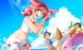 1girl 2boys ash_ketchum bikini blue_eyes chloe_(pokemon) closed_eyes closed_mouth cloud cloudy_sky dark_skin drawstring float gen_1_pokemon gen_8_pokemon goh_(pokemon) green_eyes highres holding holding_pokemon male_swimwear multiple_boys nintendo on_shoulder open_mouth partially_submerged pikachu pokemon pokemon_(anime) pokemon_(creature) pokemon_journeys pokemon_swsh031 red_male_swimwear red_swim_trunks sky smile sobble sunlight swim_trunks swimsuit water_gun yamper