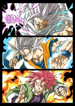 3boys aura black_shirt brothers cape dougi dragon_ball dragon_ball_super dragon_ball_super_super_hero family father_and_son gohan_beast goku_day green_jacket grey_eyes grey_hair highres jacket kakeru_(dbskakeru) long_hair male_focus medium_hair multiple_boys red_eyes red_hair shirt siblings son_gohan son_goku son_goten spiked_hair super_saiyan super_saiyan_god ultra_instinct upper_body white_cape