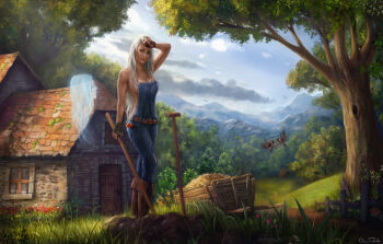 2girls bird blue_eyes blue_overalls boots breasts brown_boots cleavage cloud door fence flower forest ghost grass grey_hair hand_on_own_forehead house jorsch knee_boots large_breasts multiple_girls naked_overalls nature original outdoors overalls path road siblings sisters sky stone_wall window wooden_fence