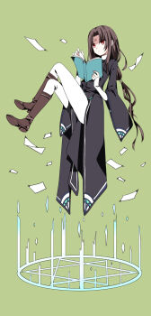 1boy book boots closed_mouth commentary_request facial_mark fire_emblem fire_emblem:_radiant_dawn floating forehead_mark green_background highres holding holding_book knee_boots long_hair magic_circle male_focus mana_(tonyandtony) nintendo red_eyes solo soren_(fire_emblem) wide_sleeves