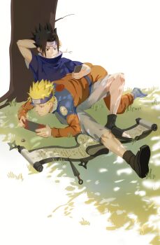 15506450035 2boys absurdres arm_behind_head black_eyes black_footwear black_hair blonde_hair blue_eyes blue_footwear blue_headband blue_shirt facial_mark full_body grass grin handheld_game_console headband high_collar highres holding holding_handheld_game_console holding_phone jacket jumpsuit kunai lying male_focus mouth_hold multiple_boys naruto_(classic) naruto_(series) on_stomach orange_jacket orange_jumpsuit orange_pants pants parted_bangs phone scroll shirt short_hair shorts shuriken sitting smile spiked_hair stalk_in_mouth teeth toeless_footwear tree uchiha_sasuke under_tree uzumaki_naruto weapon whisker_markings white_background white_shorts