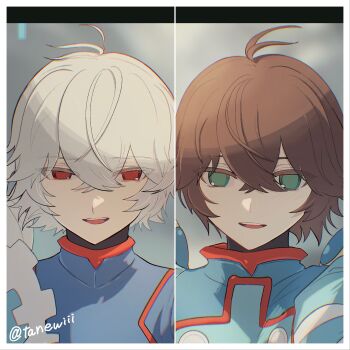 Rule 34 | 2boys, ahoge, blurry, blurry background, brown hair, close-up, copy x (mega man), cyber elf x (mega man), green eyes, highres, male focus, mega man (series), mega man zero (series), multiple boys, red eyes, tanewiii, twitter username, white hair, x (mega man)