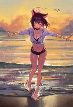 1girl absurdres alternate_costume animal_ears beach bikini bikini_under_clothes black_bikini black_choker black_hair blue_archive cat_choker cat_ears cat_girl choker closed_eyes cloud colored_inner_animal_ears colored_inner_hair commentary film_grain front-tie_top full_body halo hashtag-only_commentary highres kazusa_(blue_archive) multicolored_hair ocean open_mouth orange_sky outstretched_arms pink_hair pink_halo riel_(rielilu) shirt short_hair simple_bird sky sleeves_rolled_up smile solo splashing spread_arms sunset swimsuit two-tone_hair white_shirt
