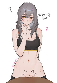1girl ? absurdres against_table body_writing commentary do_you_want_to_pet_my_cat_(meme) drawn_on_eyes english_text grey_hair highres honkai:_star_rail honkai_(series) looking_at_viewer meme mons_pubis navel pussy pussy_peek quilm solo sports_bra stelle_(honkai:_star_rail) stomach sweat table toned toned_female trailblazer_(honkai:_star_rail)