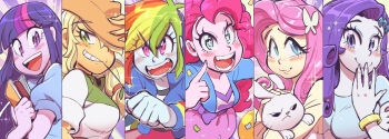 6+girls angel_bunny animification applejack applejack_(equestria_girls) blonde_hair blue_eyes blue_eyeshadow blue_skin blush book bracelet breasts butterfly_hair_ornament colored_skin commentary cowboy_hat curly_hair eyeshadow fluttershy fluttershy_(equestria_girls) green_eyes grin hair_ornament hat holding holding_book jewelry long_hair looking_at_viewer makeup mane_six_(my_little_pony) medium_breasts multicolored_hair multiple_girls my_little_pony my_little_pony:_equestria_girls my_little_pony:_friendship_is_magic open_clothes orange_skin pink_eyes pink_hair pink_skin pinkie_pie pinkie_pie_(equestria_girls) print_shirt purple_eyes purple_hair purple_skin rabbit rainbow_dash rainbow_dash_(equestria_girls) rainbow_hair rarity_(equestria_girls) rarity_(my_little_pony) sanjiro_(tenshin_anman) shirt skirt smile streaked_hair twilight_sparkle twilight_sparkle_(human) white_skin yellow_skin