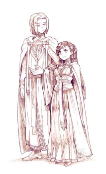 1boy 1girl arms_behind_back braid breasts cape commentary_request dress ferdinand_(honzuki_no_gekokujou) greyscale hatching_(texture) height_difference highres hitsuki_(hiidukii) honzuki_no_gekokujou limited_palette long_dress medium_breasts monochrome myne_(honzuki_no_gekokujou) sepia shoes smile wide_sleeves