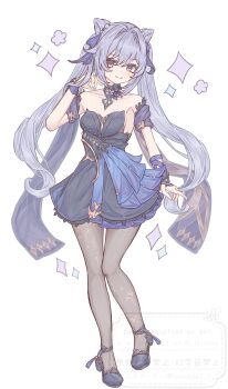 1girl absurdres bare_shoulders black_dress black_shoes breasts brown_pantyhose closed_mouth cone_hair_bun double_bun dress full_body fumicode2_3 genshin_impact hair_bun hair_ornament hand_up highres keqing_(genshin_impact) keqing_(opulent_splendor)_(genshin_impact) long_hair looking_at_viewer official_alternate_costume pantyhose purple_eyes purple_hair shoes simple_background solo standing strapless strapless_dress twintails white_background