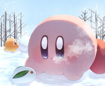 :o bare_tree blue_eyes blue_sky breath commentary_request day highres kirby kirby_(series) leaf nintendo no_mouth open_mouth outdoors sky snow snow_rabbit tokkakyou tree waddle_dee winter