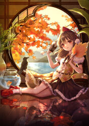 Rule 34 | 1girl, absurdres, arua, autumn leaves, bird, black bow, black bowtie, blurry, bow, bowtie, camera, crow, depth of field, fish, fishbowl, geta, goldfish, hat, hauchiwa, highres, holding, holding camera, leaf, leaf print, long hair, maple leaf, open mouth, plant, pom pom (clothes), potted plant, puffy short sleeves, puffy sleeves, red eyes, red hat, reflective floor, shameimaru aya, short sleeves, skirt, smile, solo, tengu-geta, tokin hat, touhou, vase, water, window