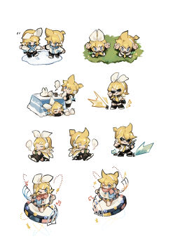 >_o 1boy 1girl :3 absurdres blonde_hair blue_eyes brother_and_sister character_name chibi chibi_only closed_mouth coat double-parted_bangs food hair_between_eyes hair_ribbon highres kagamine_len kagamine_rin kotatsu long_sleeves mochi multiple_views necktie one_eye_closed open_mouth ribbon short_hair siblings simple_background standing sunglasses table twins vocaloid white_background white_coat white_ribbon yellow_necktie zeriko
