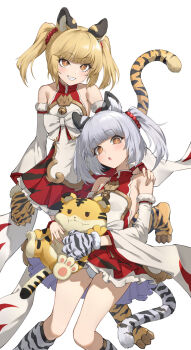 Rule 34 | 2girls, animal ears, animal hands, animal print, arm on another's shoulder, baby animal, bai (granblue fantasy), bare shoulders, bell, blonde hair, brown eyes, commentary request, detached sleeves, dress, erune, fur-trimmed sleeves, fur trim, gloves, granblue fantasy, grey hair, grin, hand on another's shoulder, highres, huang (granblue fantasy), hug, jingle bell, laolao (granblue fantasy), looking at viewer, miso (b7669726), multiple girls, open mouth, panties, paw gloves, paw shoes, red dress, siblings, simple background, sisters, smile, tail, tiger, tiger cub, tiger ears, tiger girl, tiger paws, tiger print, tiger stripes, tiger tail, twins, twintails, two-tone dress, underwear, white background, white dress, wide sleeves