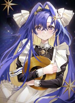 1girl absurdres apron artist_request black_background black_dress blonde_hair blue_eyes blue_hair chinese_commentary colored_inner_hair commentary_request commission dress frilled_apron frills hair_intakes hair_ornament highres holding_record juliet_sleeves long_hair long_sleeves looking_at_viewer multicolored_hair puffy_sleeves reverse:1999 school_uniform second-party_source smile solo soviet_school_uniform sparkle star_(symbol) star_hair_ornament upper_body very_long_hair voyager_(reverse:1999) voyager_golden_record white_apron