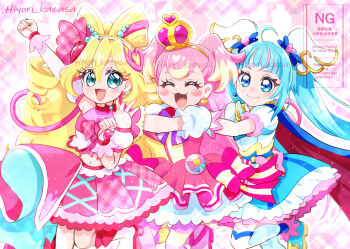 Rule 34 | 3girls, absurdres, arm up, blonde hair, blue cape, blue dress, blue eyes, blue hair, boots, bow, brooch, cape, closed mouth, commentary request, cropped shirt, crown, cure idol, cure sky, cure wonderful, cut bangs, detached sleeves, double bun, dress, dress bow, drill hair, earrings, fingerless gloves, frilled dress, frills, fringe trim, gloves, hair bun, hair ornament, hair ribbon, hairband, halter shirt, halterneck, heart, heart brooch, heart hair ornament, highres, hirogaru sky! precure, idol heart brooch (precure), in-franchise crossover, inukai komugi, jewelry, kazusa hiyori, kimi to idol precure, knee boots, long hair, looking at viewer, magical girl, midriff, mini crown, multicolored hair, multiple girls, navel, open mouth, pink bow, pink crown, pink hair, pink ribbon, pink shirt, pink skirt, pink thighhighs, pouch, precure, puffy detached sleeves, puffy short sleeves, puffy sleeves, purple eyes, red bow, red cape, red dress, ribbon, rope train, sakura uta (precure), shirt, short dress, short sleeves, single sidelock, skirt, sleeveless, sleeveless dress, sleeveless shirt, smile, sora harewataru, standing, streaked hair, striped clothes, striped thighhighs, thighhighs, tilted headwear, twintails, two-sided cape, two-sided fabric, two-tone dress, two-tone hair, two side up, very long hair, watermark, white boots, white dress, white gloves, white thighhighs, wing brooch, wing hair ornament, wonderful precure!, wrist cuffs, yellow hairband, yellow thighhighs