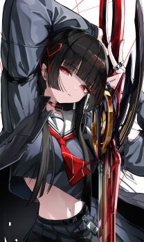 1girl absurdres arm_cutout arm_up black_choker black_hair black_jacket black_serafuku black_shirt black_skirt blunt_bangs breasts bright_pupils chisa_(wuthering_waves) choker closed_mouth clothing_cutout commentary crop_top fingernails hair_ribbon hand_up highres holding holding_sword holding_weapon jacket kiyokatsu_(kyktsu0908) long_hair looking_at_viewer medium_breasts mole mole_under_eye navel neckerchief red_eyes red_neckerchief red_ribbon ribbon sailor_collar school_uniform serafuku shirt simple_background skirt solo stomach sword v very_long_hair weapon white_background white_pupils white_sailor_collar wuthering_waves
