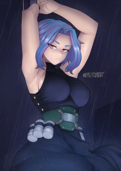 1girl armpits arms_up artist_name bare_shoulders blue_hair boku_no_hero_academia breasts flytrapxx highres lady_nagant large_breasts looking_at_viewer multicolored_hair pink_eyes pink_hair rain short_hair sideboob sleeveless solo