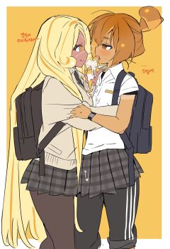 2girls @_@ alternate_costume backpack bag black_bag black_necktie black_pants black_pantyhose black_shirt black_skirt blonde_hair blush border breasts brown_eyes brown_hair buttons cardigan closed_mouth collared_shirt commentary_request cookie_run cookie_run:_ovenbreak croissant_cookie curly_sidelocks dark-skinned_female dark_skin dual_persona eye_contact eyepatch face-to-face feet_out_of_frame food food-themed_hair food_on_clothes from_side grey_cardigan hair_bun highres holding holding_ice_cream_cone hug humanization ice_cream ice_cream_cone korean_commentary layered_shirt layered_sleeves long_hair looking_at_another melting_ice_cream miniskirt multicolored_hair multiple_girls necktie ohta_guk_hip open_mouth orange_background orange_eyes orange_hair outside_border pants pantyhose plaid_clothes plaid_skirt pleated_skirt profile protected_link school_uniform selfcest shirt short_hair short_sleeves sideways_mouth simple_background single_hair_bun skirt small_breasts smile standing streaked_hair sweatdrop tan tanline timekeeper_cookie tongue tongue_out translation_request triple_vertical_stripe two-tone_hair very_long_hair watch white_border white_shirt wristwatch yuri