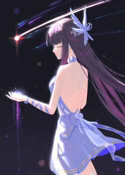 1girl absurdres back backless_dress backless_outfit bare_shoulders black_background black_hair bow bowtie breasts closed_eyes columbina_(genshin_impact) commentary dress eye_mask from_side genshin_impact hair_ornament hand_up highres long_hair mask medium_breasts shooting_star sleeveless sleeveless_dress solo ssamsa0404 very_long_hair white_bow white_bowtie white_dress wing_hair_ornament