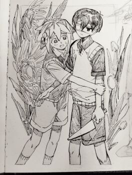 Rule 34 | 2boys, absurdres, basil (faraway) (omori), basil (omori), chinese commentary, closed mouth, collared shirt, commentary request, double-parted bangs, eyepatch, flower, grabbing another's arm, greyscale, hair between eyes, hair flower, hair ornament, highres, holding, holding knife, knife, looking at another, male focus, monochrome, moonskysoon, multiple boys, omori, open mouth, shirt, short hair, short sleeves, shorts, socks, spoilers, sunflower, sunny (omori), sweatdrop, sweater vest, teeth, traditional media, upper teeth only