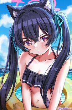 1girl amaimi animal_ear_fluff animal_ears annoyed aqua_ribbon artist_name bikini black_bikini black_hair blue_archive blue_sky breasts cat_ears cloud cloudy_sky collarbone crossed_bangs day frilled_bikini frills hair_intakes hair_ribbon halo head_tilt holding innertube light_blush long_hair looking_at_viewer navel ocean official_alternate_costume outdoors pink_halo red_eyes ribbon serika_(blue_archive) serika_(swimsuit)_(blue_archive) sidelocks sky small_breasts spaghetti_strap swim_ring swimsuit tareme twintails v-shaped_eyebrows very_long_hair