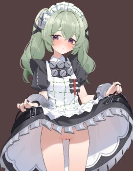 1girl absurdres black_nails blush bonnou_peace brown_background cleft_of_venus closed_mouth clothes_lift corin_wickes cowboy_shot dress dress_lift green_hair groin highres lifting_own_clothes loli long_hair looking_at_viewer maid maid_headdress nail_polish no_panties puffy_short_sleeves puffy_sleeves purple_eyes pussy screw_hair_ornament short_sleeves simple_background solo twintails uncensored zenless_zone_zero