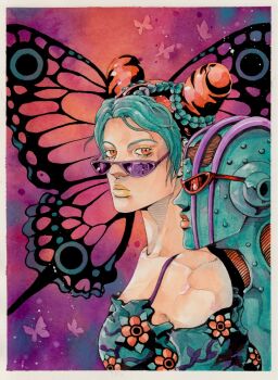 Rule 34 | 1girl, 1other, alternate costume, aqua hair, aqua skin, bare shoulders, braid, bug, bun with braided base, butterfly, colored skin, commentary, double bun, english commentary, enrico pucci, floral print, flower, hair bun, highres, insect, jojo no kimyou na bouken, kuujou jolyne, looking at viewer, orange eyes, orange flower, orange hair, orange lips, painting (medium), parted bangs, portrait, reflection, stand (jojo), stone free, stone ocean, sunglasses, traditional media, upper body, watercolor (medium), xfkart, yellow lips