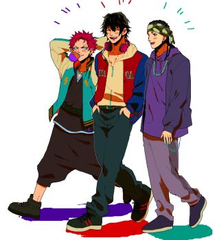 3boys :d ^_^ arms_at_sides arms_behind_head arms_up bandana belt black_hair black_kimono black_pants black_shoes blowing_bubble_gum blue_jacket blush_stickers camouflage camouflage_bandana chain chain_necklace chewing_gum choppy_bangs closed_eyes collarbone cornrows denim douan_kazusato bad_tag from_side full_body grey_pants grin hair_between_eyes hands_in_pockets harai_kuko harem_pants headphones headphones_around_neck highres hood hood_down hoodie hypnosis_mic hypnosis_mic:_rule_the_stage iria59 jacket jacket_over_hoodie japanese_clothes jeans jewelry juban kimono letterman_jacket long_sleeves looking_at_viewer male_focus medium_hair mole mole_under_eye multicolored_jacket multiple_boys necklace notice_lines open_mouth outline pants pink_hair purple_eyes purple_hoodie purple_jacket purple_shoes raised_eyebrows red_jacket runes shadow shoes short_hair side-by-side silver_necklace simple_background smile sneakers spiked_hair studded_belt teeth track_pants two-sided_fabric two-sided_jacket two-tone_jacket upper_teeth_only v-shaped_eyebrows very_short_hair walking wallet_chain white_background white_hoodie white_jacket white_outline yamada_ichiro yellow_eyes